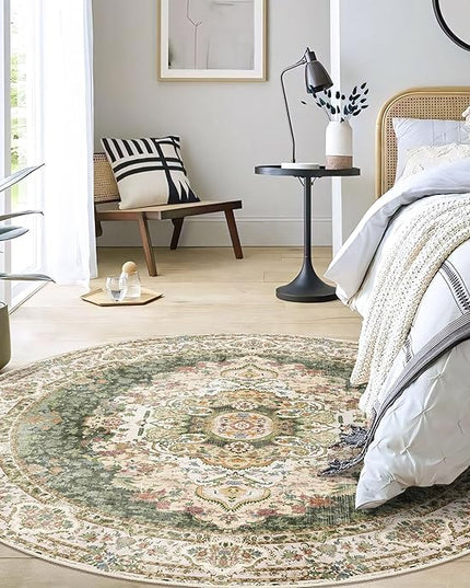 Green Round Rug 5ft, Circle Boho Area Rugs for Bedroom Living Room,Washable Vintage Bohemian Distressed Oriental Carpet Non Slip,Sage Floral