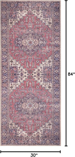 GLN Rugs Traditional Collection - Machine Washable Area Rug, Traditional Washable, Non Slip, Low Pile Chenille Rug, Living Room, Bedroom, Kitchen Rug (2'6"x7' Multi Blue)