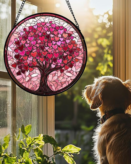 Stained Glass Window Hanging - DASTOLL, Birthday Gifts for Women Men Mom Dad, Pink Love Tree Suncatcher for Doors Window Home Sun Catchers Decor 7.8 in
