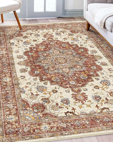 Washable Oriental Area Rug - 5x8 Rugs for Living Room Soft Carpet for Bedroom Waterproof Floral Distressed Indoor Stain Resistant Non-Shedding Floor Carpets (Red, 5x8)