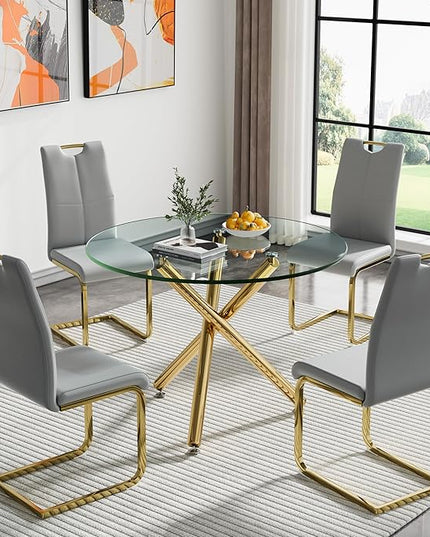 HomVent Round Glass Dining Table Set for 4, 5-Piece Modern Kitchen Table Set with 4 PU Upholstered Chair for Kitchen Dining Room, Glass Dining Room Table Set