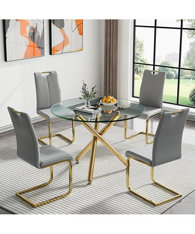 HomVent Round Glass Dining Table Set for 4, 5-Piece Modern Kitchen Table Set with 4 PU Upholstered Chair for Kitchen Dining Room, Glass Dining Room Table Set