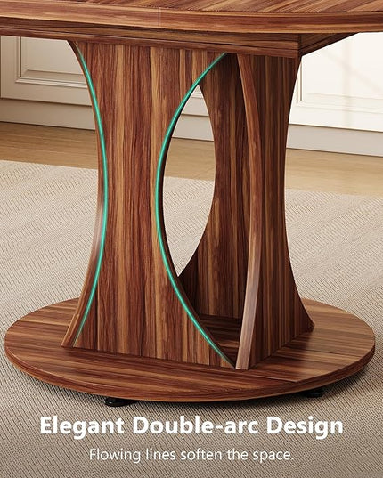 Round Dining Table for 4-6, Kitchen Table with Sturdy Double Arc & Rounded Base & Backboard Clasp Desktop, Mid-Century Modern Circle Dinner Table for Dining Living Room, Space Saving, Walnut