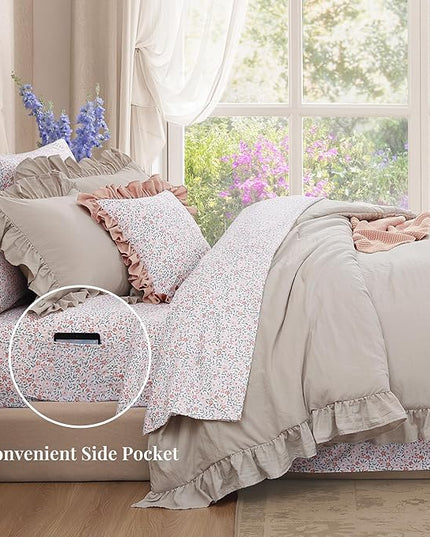 Full Comforter Set - 7 Pieces Ruffle Beige Bedding Sets, Shabby Chic Farmhouse Bed in a Bag Full with Ruffle Comforter, Floral Sheets, Pillowcases & Shams