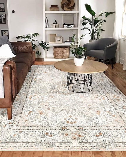 5x7 Area Rugs Washable,Boho Rug for Living Room Bedroom Kitchen,Large Vintage Bohemian Distressed Carpet Non Slip,Beige