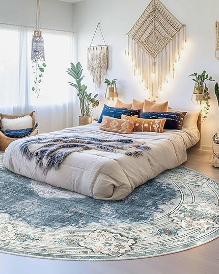 MUJOO Blue Round Rug 9ft,Large Circle Washable Area Rugs for Bedroom Living Room Bathroom,Boho Non Slip Circular Carpet,Floral