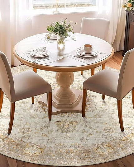 Beige Round Rug 6ft,Large Circle Area Rugs for Living Room Bedroom Dining Room,Washable Boho Vintage Bohemian Distressed Oriental Floral Carpet Non Slip,Retro Gold Floral