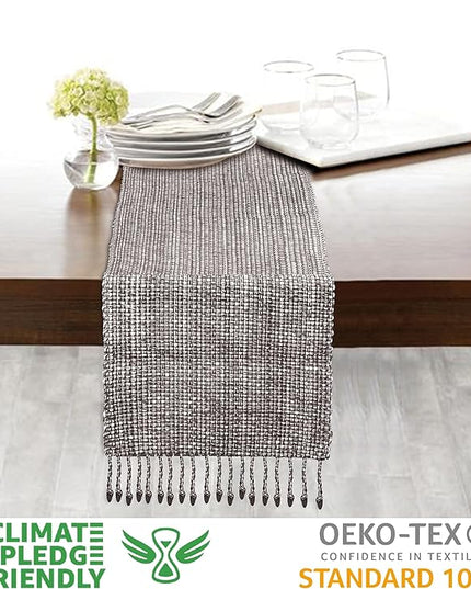 Urban Villa Two Tone Table Runner - 100% Cotton, Brown/Ivory, 14''x72'' with Fringes, Perfect for Kitchen, Dining, BBQs and Everyday Use
