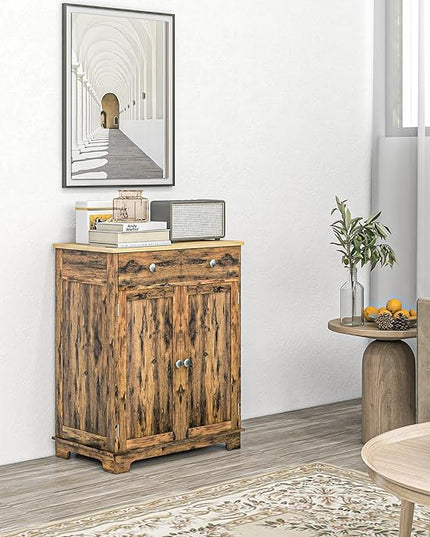 HOMCOM Sideboard with Solid Wood Countertop, Modern Kitchen Storage Cabinet, Coffee Bar Cabinet with 2 Drawers, Doors and Adjustable Shelf, Rustic Brown