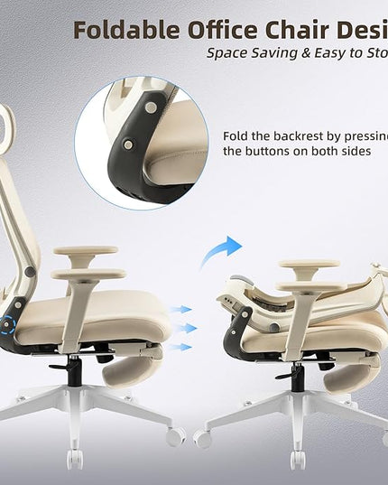 Foldable Office Chair with Foot Rest, Ergonomic Office Chair with Adjustable Lumbar Support, Headrest, Armrest, Home Office Desk Chair for Space Saving, Work from Home, Cream