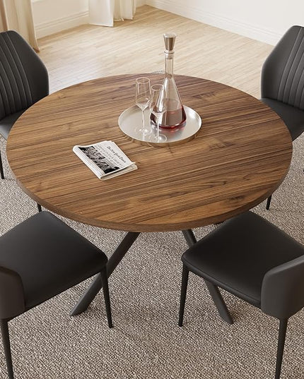 45.3'' Walnut Round Dining Table Set for 4, Mid Century Modern Small Coffee Set for Dining Room Kitchen Apartment (Light Walnut + 4 Black Chairs)