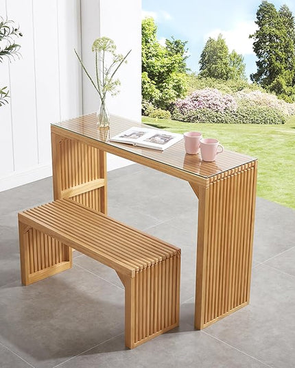 Pine Dining Long Bench and Table Set with Small Tempered Glass - Versatile Indoor Wood Furniture for Entryway, Living Room, Kitchen, and Bedroom Spaces