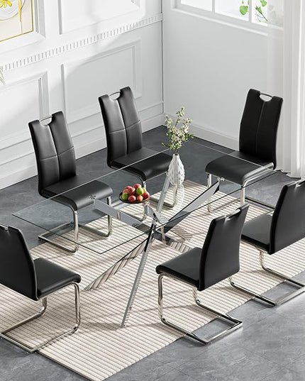HomVent 7 Piece Rectangular Glass Dining Table Set, Rectangular Glass Kitchen Table Set for 6 with 6 PU Upholstered Dining Chairs for Kitchen Dining Room