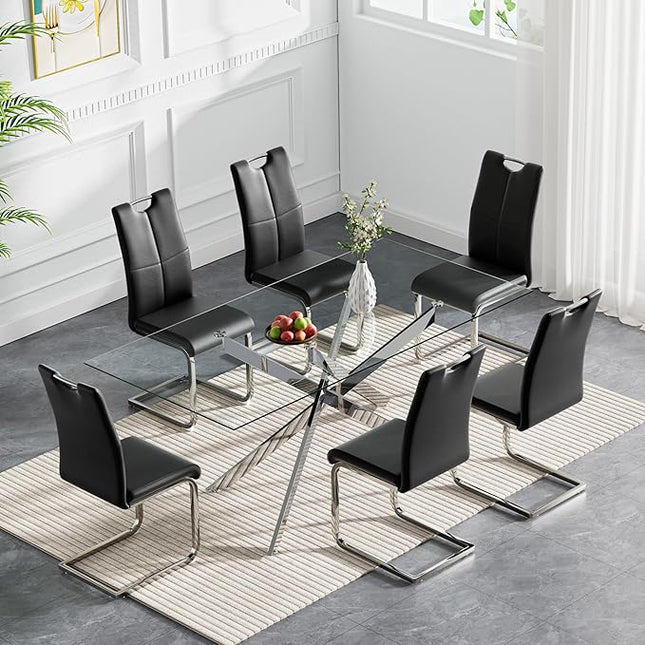 HomVent 7 Piece Rectangular Glass Dining Table Set, Rectangular Glass Kitchen Table Set for 6 with 6 PU Upholstered Dining Chairs for Kitchen Dining Room