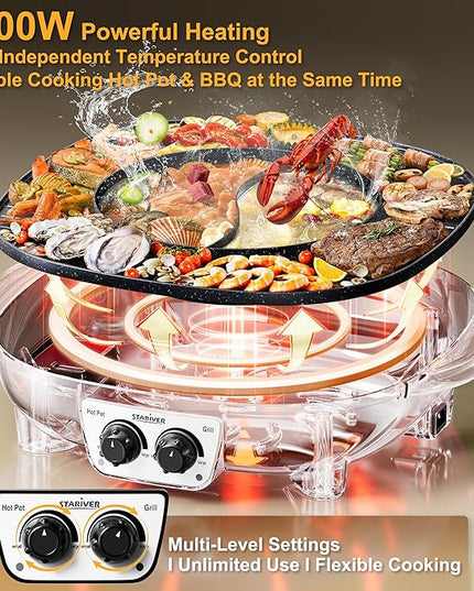 Stariver Hot Pot Electric with Grill 2 in 1, Indoor Korean BBQ & Shabu Shabu, Features Easy-clean Non-stick Coating, Dual Controls, 1800W Fast Heating, Perfect for Family Gatherings or Friends Parties