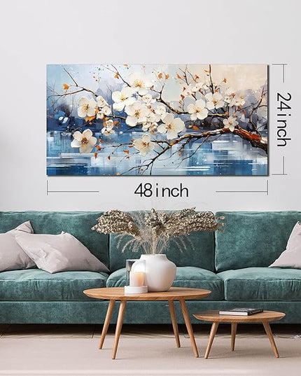 GUGIKA Flower Wall Art for Living Room, White Plum Blossom Canvas Wall Decor for Bedroom, Floral Picture Print, Size 48x24 Inches