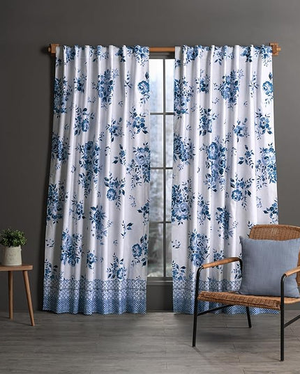 Maison d'Hermine Curtains for Living Room 100% Cotton 84 inch Length Two Panels Window Curtains for Bedroom with Loop & Rod Pockets - Rose Garden - Blue, 50" W x 84" L