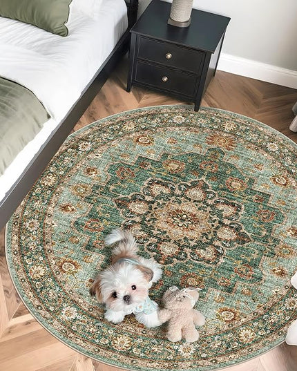 Washable Oriental Area Rug - 5ft Round Rugs for Living Room Soft Carpet for Bedroom Waterproof Floral Distressed Indoor Stain Resistant Non-Shedding Floor Carpets (Green, 5ft-Round)