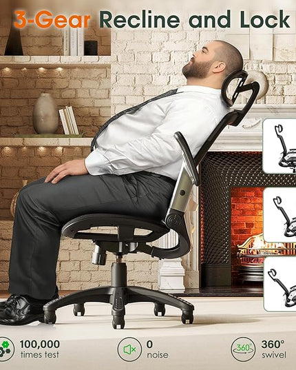 GABRYLLY Ergonomic Office Chair, High Back Home Desk Chair with Headrest, Flip-Up Arms, 90-120° Tilt Lock and Wide Cushion, Big and Tall Mesh Chairs for Man Woman, Black Task Chair