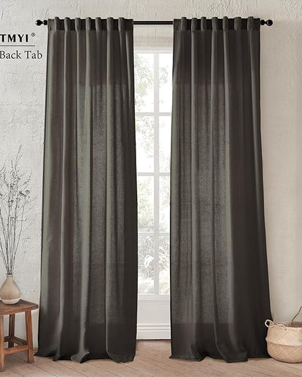 XTMYI Brown Linen Sheer Curtains for Living Room,Pleated Back Tab Light Filtering Curtain Drapes 90 Inches Long 2 Panels Set