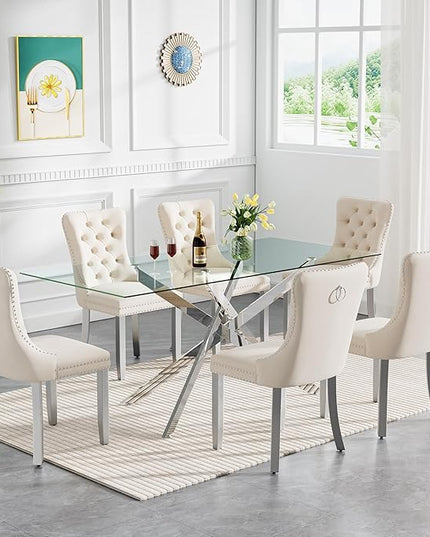 HomVent 7 Piece Rectangular Glass Dining Table Set, Tempered Glass Dinner Table Set for 6 Kitchen Table Set with 6 Velvet Upholstered Chairs for Kitchen Dining Room