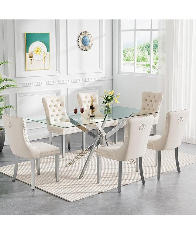 Modern 7-Piece Glass Dining Table Set for 6, Modern 60" Rectangle Silver Glass Dining Room Table Set with Milk White Velvet Tufted Chairs Wood Legs for Kitchen Dining Room