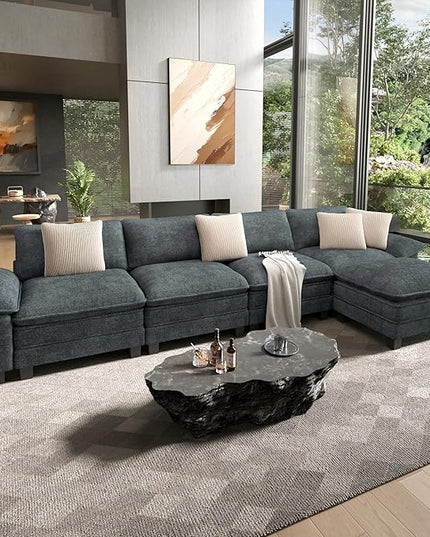 HERA'S HOUSE 158" Modular Sectional Sofa, Oversized L Shaped Couches for Living Room, Comfy Cloud Couch with Ottoman, 5-Seater Deep Seat Sofa with Throw Pillow, Chenille Blue