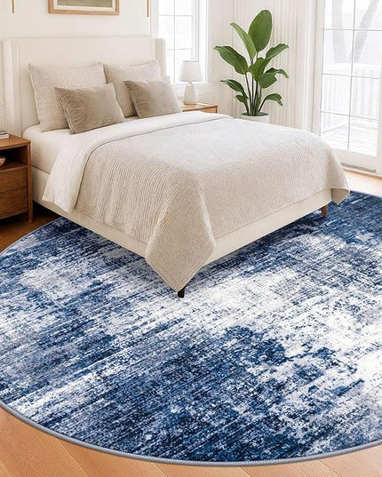 IOHOUZE Abstract Round Area Rug 8 Ft Washable Circle Rugs Large Round Rug Non Slip Thin Soft Circle Rugs, Printed Faux Wool Floor Carpet for Bedroom Living Room Dining Room Nursery, Navy/Grey