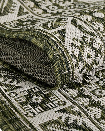 Rugs.com Outdoor Aztec Collection Rug – 13 Ft Round Green Flatweave-Pile Rug Perfect for Kitchens, Dining Rooms
