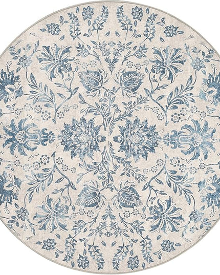 jinchan Torino Classic Floral Round Rug 4ft, Vintage-Inspired Design 4’Circle Rug, Machine Washable Ultra-Thin Low-Pile Non-Slip Indoor Carpet for Bedroom Dining Room Living Room Entryway Dark Blue