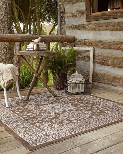 Rugs.com Outdoor Aztec Collection Rug – 13 Ft Square Brown Flatweave-Pile Rug Perfect for Living Rooms, Kitchens, Entryways