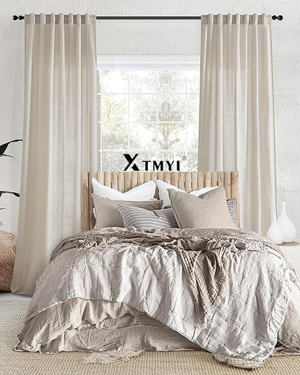 XTMYI Oatmeal Beige Back Tab/Hook Belt Linen Cotton Sheer Curtains 63 Inch Length for Bedroom Living Room
