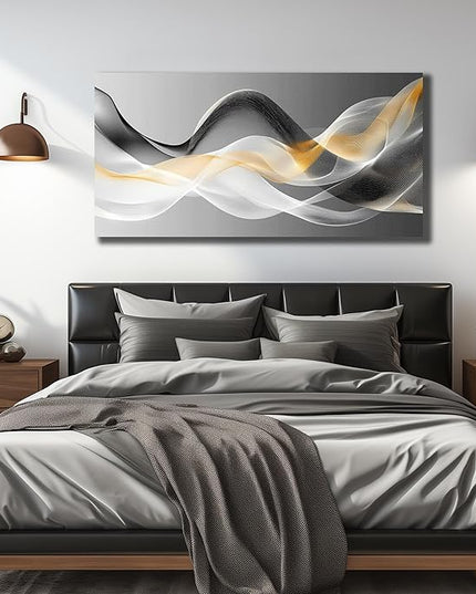 JuhaiArt Abstract Wall Art White Wall Decor for Living Room Office Large Black Canvas Art Picture Gold Artwork 29" x 59" Modern Prints