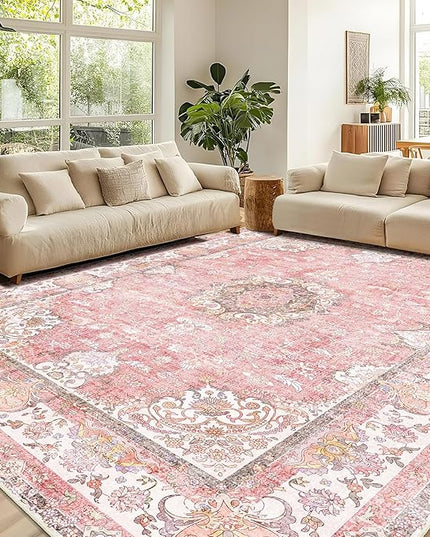 9'x12' Area Rugs Washable,Large Pink Rug for Living Room Bedroom Dining Room,Boho Vintage Bohemian Distressed Oriental Carpet Non Slip,Blush Floral Flowers