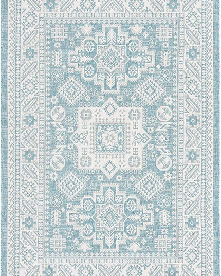 Rugs.com Outdoor Aztec Collection Rug – 6' x 9' Aqua Flatweave Rug Perfect for Living Rooms, Large Dining Rooms, Open Floorplans
