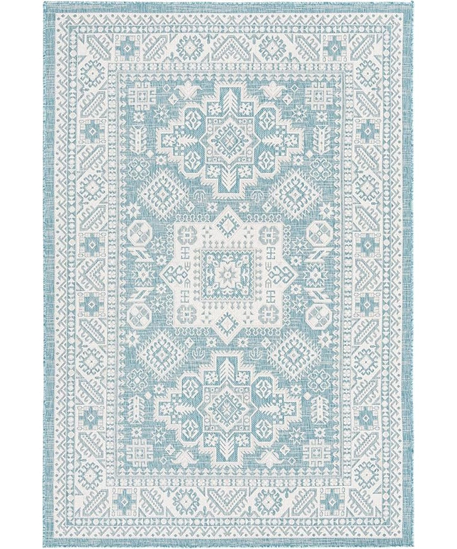 Rugs.com Outdoor Aztec Collection Rug – 6' x 9' Aqua Flatweave Rug Perfect for Living Rooms, Large Dining Rooms, Open Floorplans