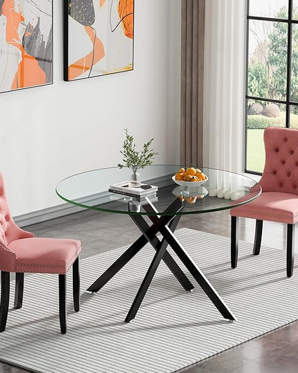 HomVent 3 Piece Round Glass Dining Table Set, Tempered Glass Dinner Table Set for 2 Kitchen Table Set with 2 Velvet Upholstered Chairs for Kitchen Dining Room