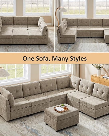 VANOMi 5 Seater Modular Sectional Sofa, Convertible Modular Cloud Sofa Bed with Ottoman, Comfy Chenille Sofas & Couches for Living Room, Apartment, Office, Beige, Sofa Bed