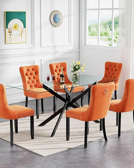 Modern 7-Piece Glass Dining Table Set for 6, Modern 60" Rectangle Black Glass Dining Room Table Set with Orange Velvet Tufted Chairs Wood Legs for Kitchen Dining Room