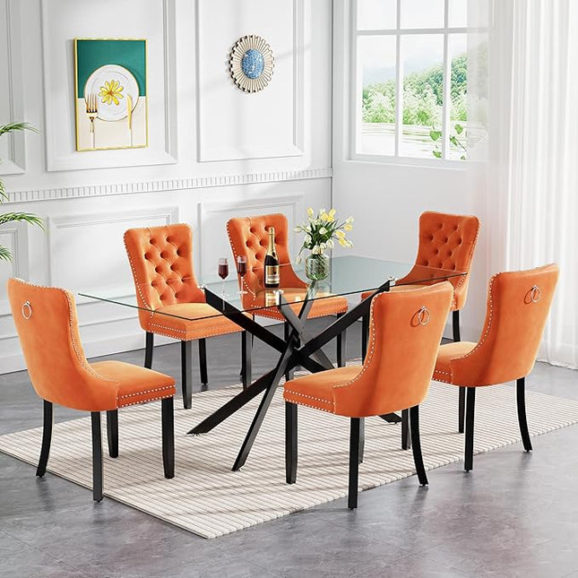 Modern 7-Piece Glass Dining Table Set for 6, Modern 60" Rectangle Black Glass Dining Room Table Set with Orange Velvet Tufted Chairs Wood Legs for Kitchen Dining Room
