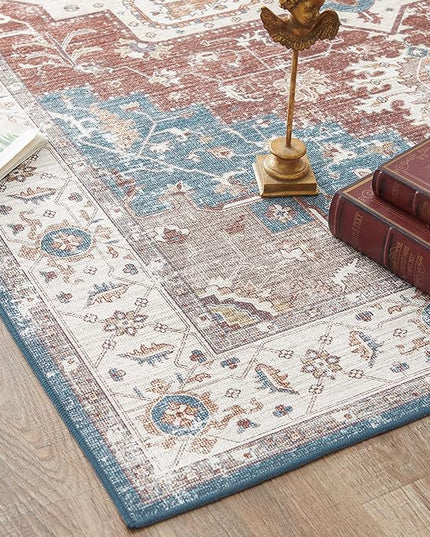 jinchan 5x7 Area Rugs for Bedroom - Machine Washable Tribal Vintage Floral Stain Resistant Ultra-Thin Low-Pile Non-Slip Distressed Carpet for Living Room Dining Room Kitchen