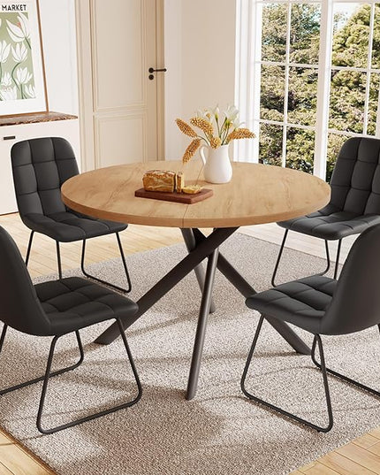 45.3 Inch Round Dining Table Set for 4, Mid Century Modern Small Kitchen Coffee Set for Dining Room Kitchen Apartment (Oak Table + 4 U-Shaped Black Chairs)