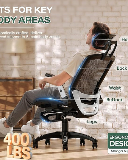 GABRYLLY Ergonomic Office Chair with Footrest, High Back Home Desk Chair - 3D Headrest, Flip-Up Arms, 135° Tilt and Wide Cushion, Heavy Duty Mesh Chairs for Task Computer Gaming,GYB01-FT
