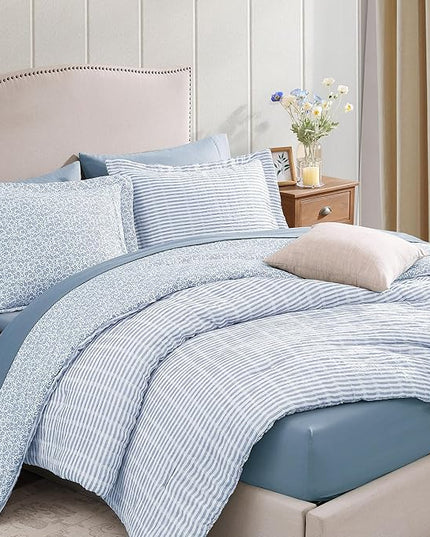Queen Comforter Set - 7 Pieces Blue Gauze Muslin Bedding Sets for All Seasons, Lightweight Breathable Bed in a Bag Queen with Revesible Farmhouse Comforter, Sheets, Pillowcases & Shams