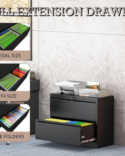 2 Drawer Lateral File Cabinet with Lock, File Cabinet, Metal Lateral Filing Cabinets for Home Office, File Storage Cabinet for Legal/Letter/A4 Documents, Assembly Required (Black, 35'W)