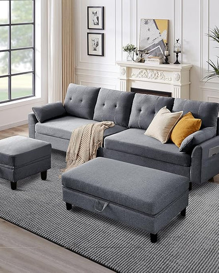 Convertible Sectional Sofa, Modern L Shaped Couch,Linen Fabric 4-Seat Sofa Set with Storage Ottoman and Coffee Table for Living Room,Light Gray