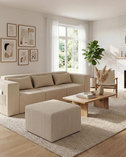 Minimalist Modular Corduroy Cloud Couch Sectional – Oversized Boneless Memory Foam Sofa for Living Room, Modern Comfy Couch, No Assembly Needed（101" L Shaped Sofa,Beige）