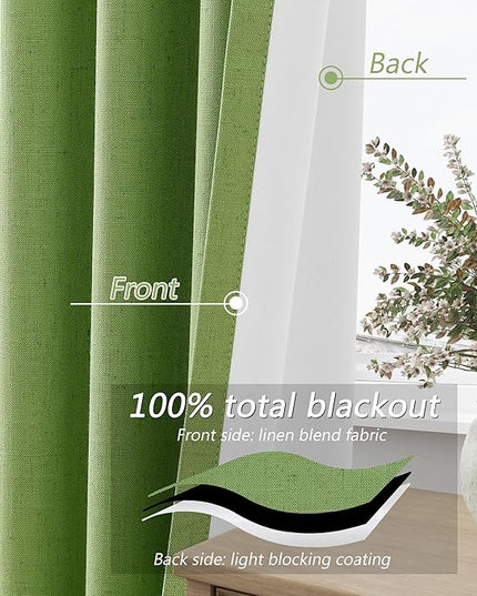 Guken 100% Blackout Curtains 108 Inch Length 2 Panels Set for Living Room Bedroom Back Tab Thermal Insulated Black Out Linen Drapes Room Darkening Lime Green,52x108