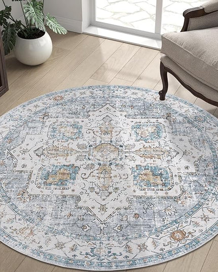 jinchan Round Rug 6ft Area Rug - Machine Washable 6'Circle Vintage Floral Non-Slip with Rubber Backing Ultra-Thin Low-Pile Carpet for Bedroom Living Room Dining Room Entryway (6'Round, Grey/Blue)