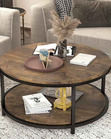 NSdirect 36 inches Round Coffee Table, Rustic Wooden Surface Top & Sturdy Metal Legs Industrial Sofa Table for Living Room Modern Design Home Furniture with Storage Open Shelf (Brown)
